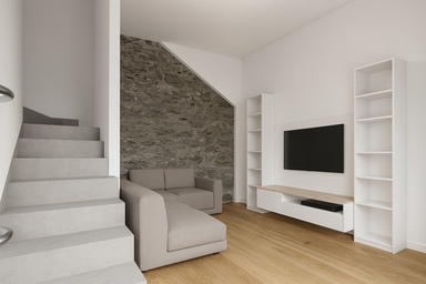 Soggiorno moderno con scala e pietra